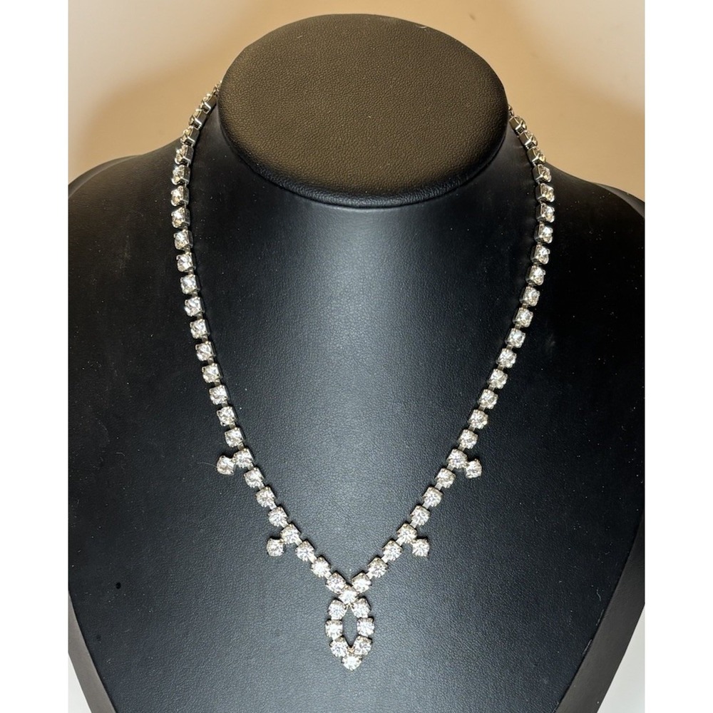 Vintage Jewelry Fashions Rhinestone Necklace 15" Prong Set Dangle Choker